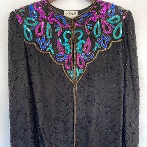 Vintage JMD New York Black Sequin Beaded Silk Formal Evening Jacket, PM EUC
